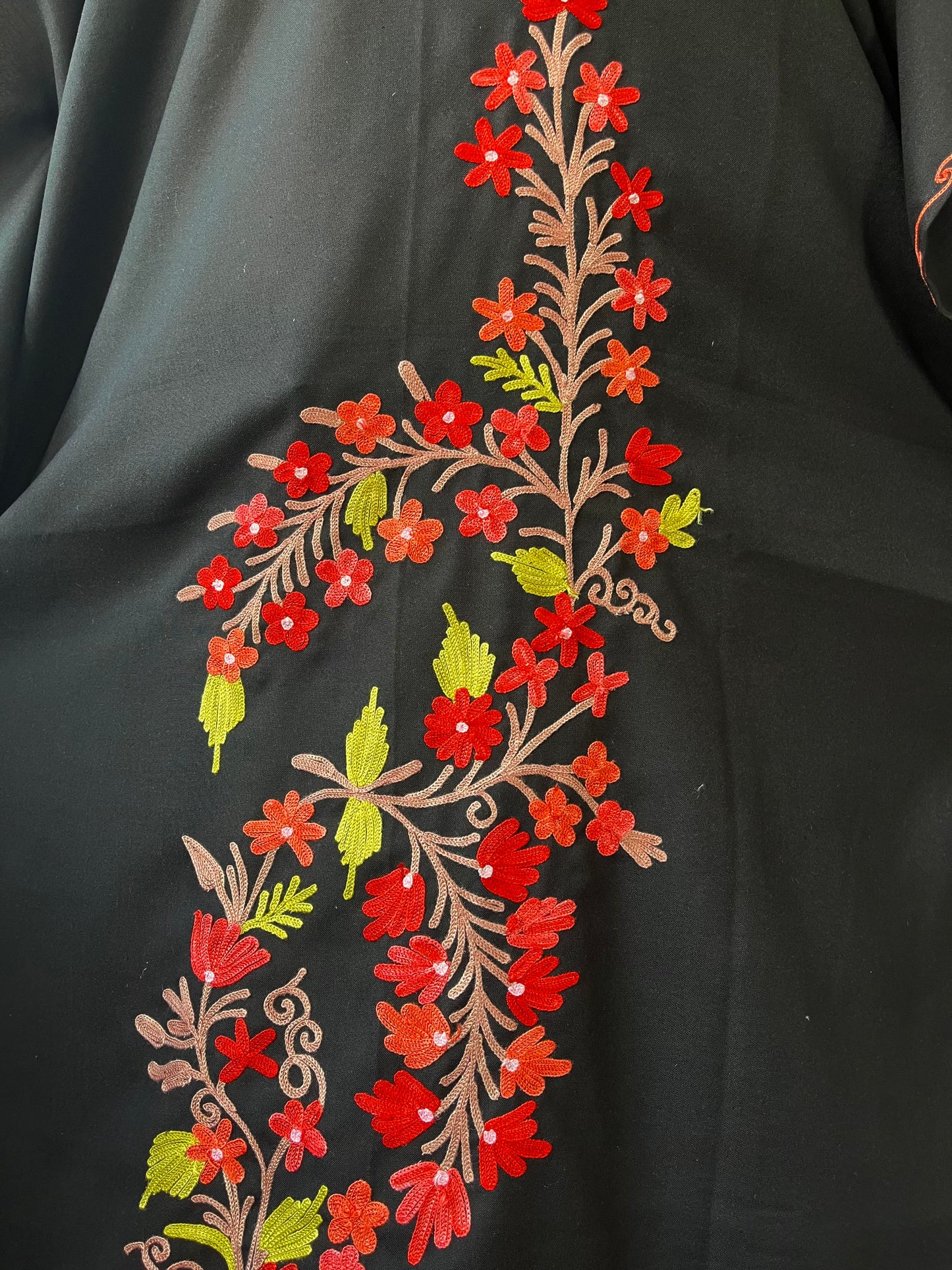 Aari Embroidered Cotton Kaftan | Black With Green And Red Embroidery