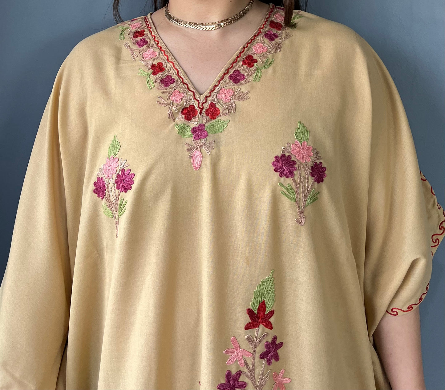 Aari Embroidered Cotton Kaftan | Camel Brown With Red Embroidery