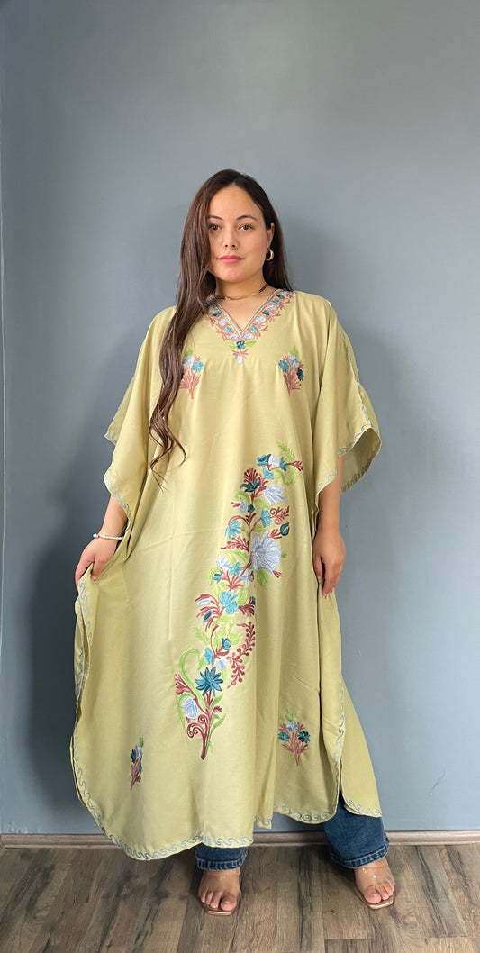 Aari Embroidered Cotton Kaftan | Mint Green With Brown And Blue Embroidery