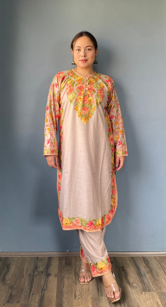 Bahaar Kurta Set | Almond Beige With Golden Embroidery