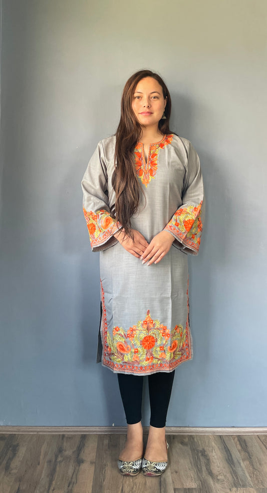 Sonzal Kurti | Pashmina Gray With Orange Embroidery