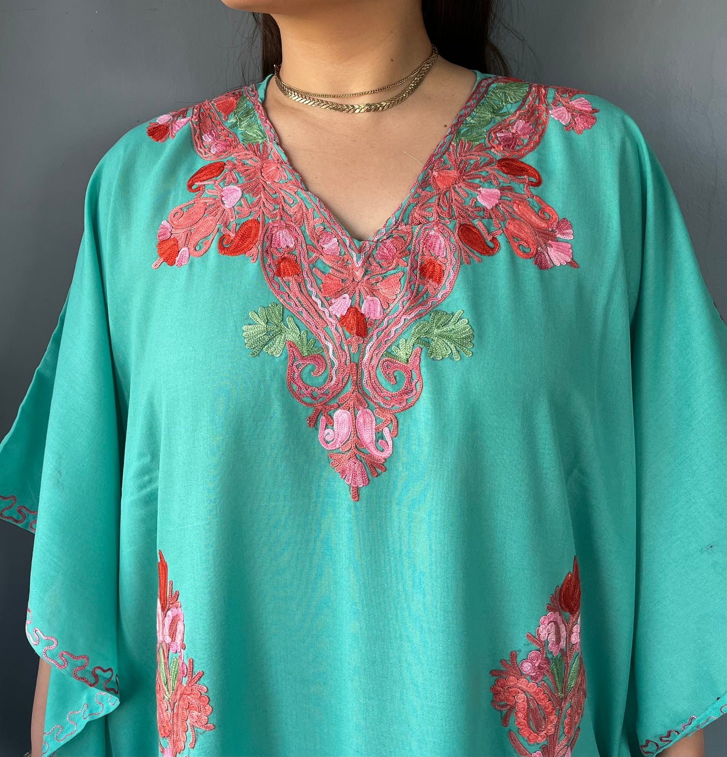 Aari Embroidered Cotton Kaftan | Turquoise Blue With Red And Pink Embroidery