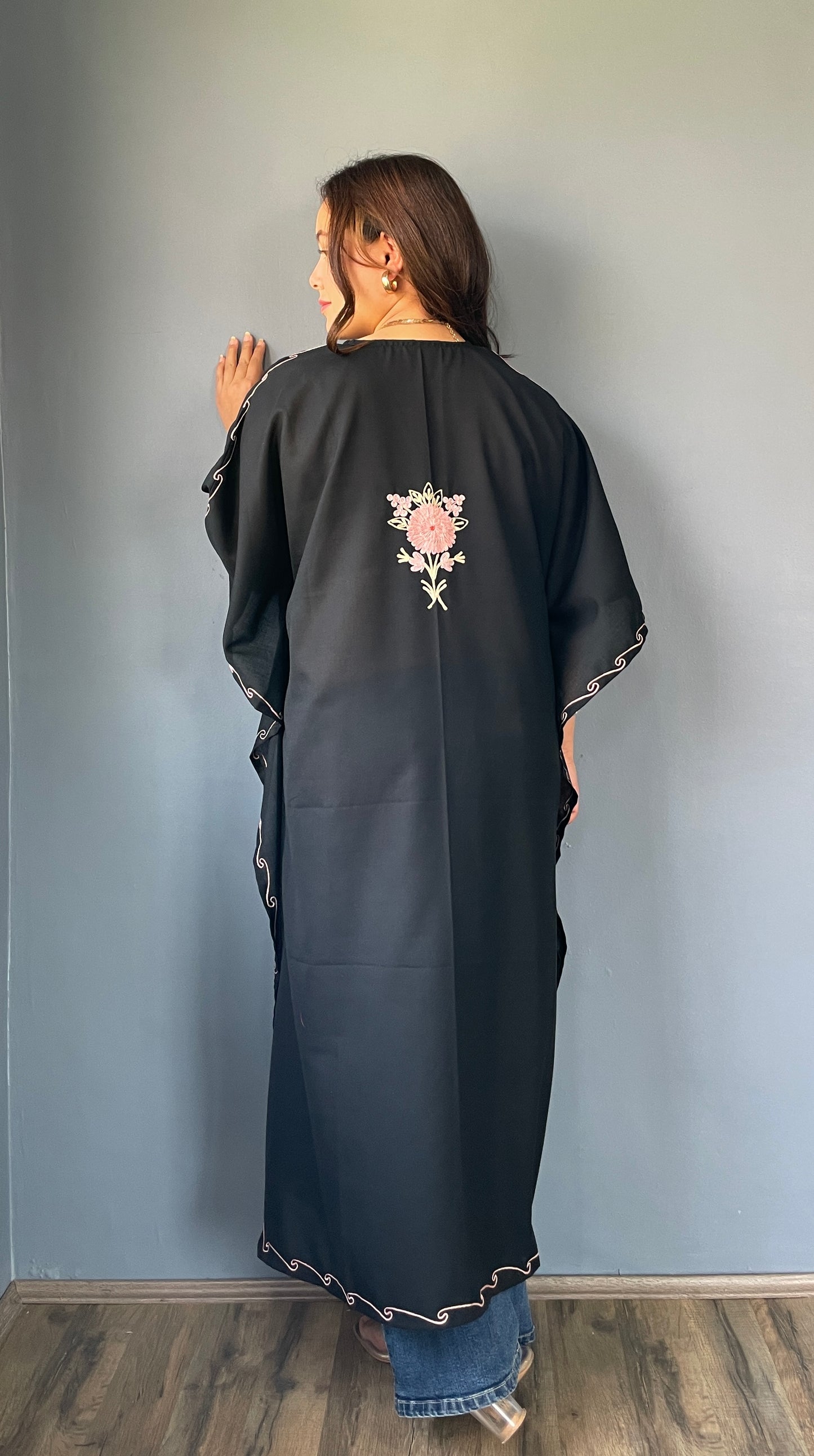 Aari Embroidered Cotton Kaftan | Black With Pink And White Embroidery