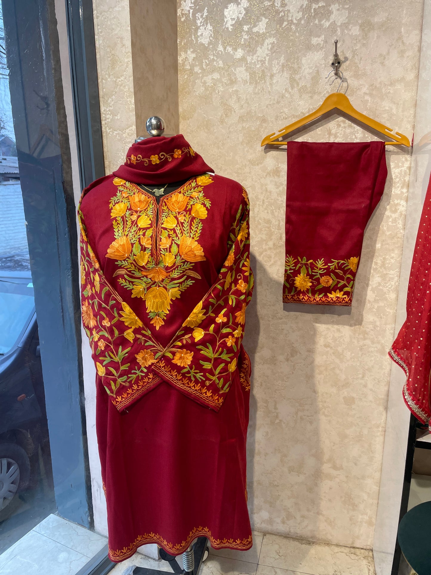 Aari Embroidered Pheran Suit  | Maroon