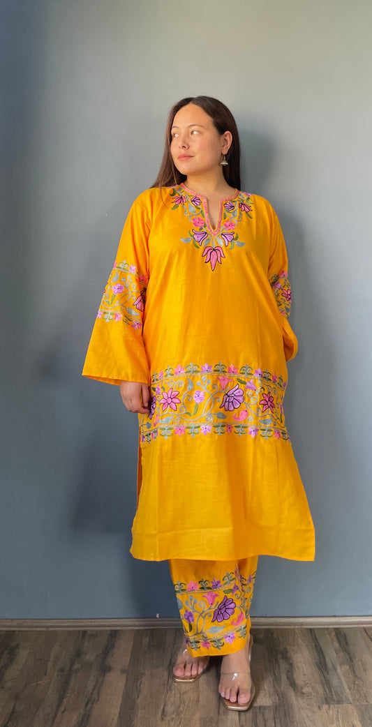 Coord | Bright Yellow | Pink And Black Aari Embroidered