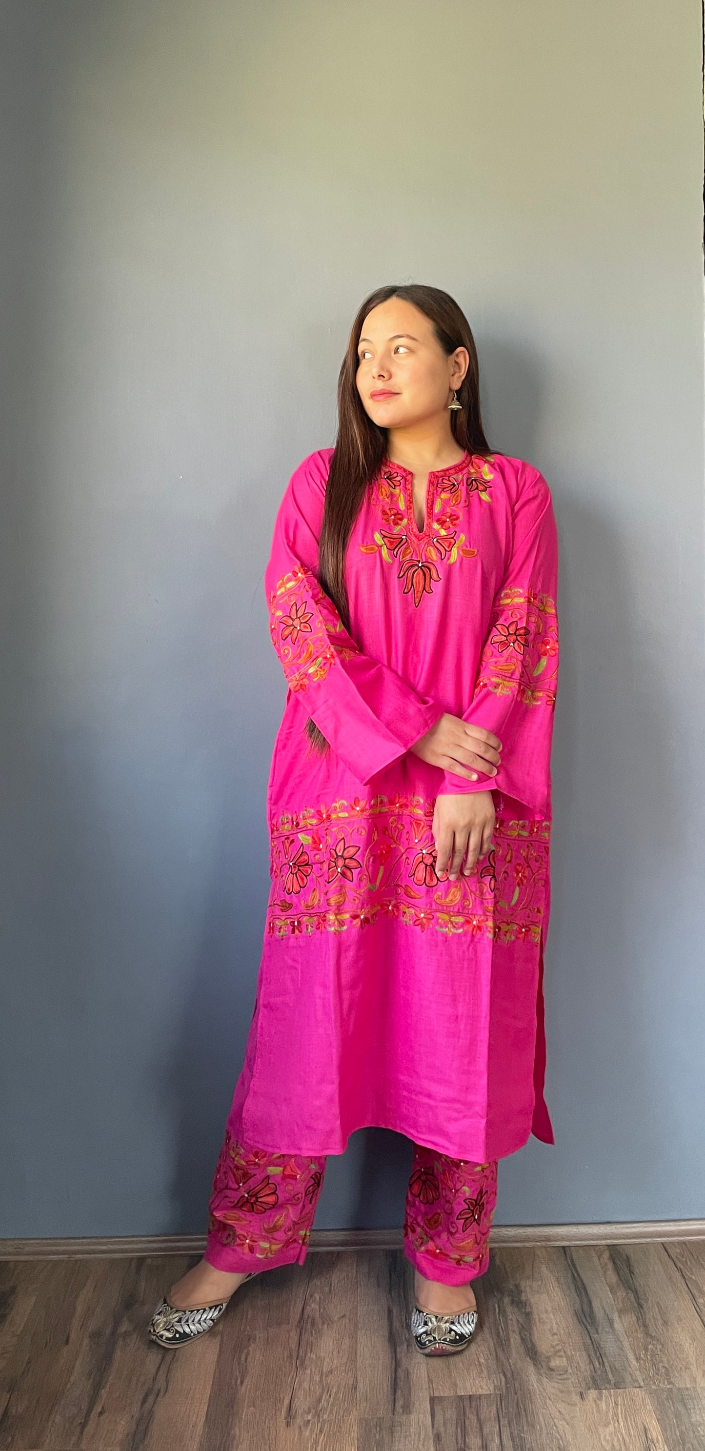 Coord | Pink | Green and Red Aari Embroidered