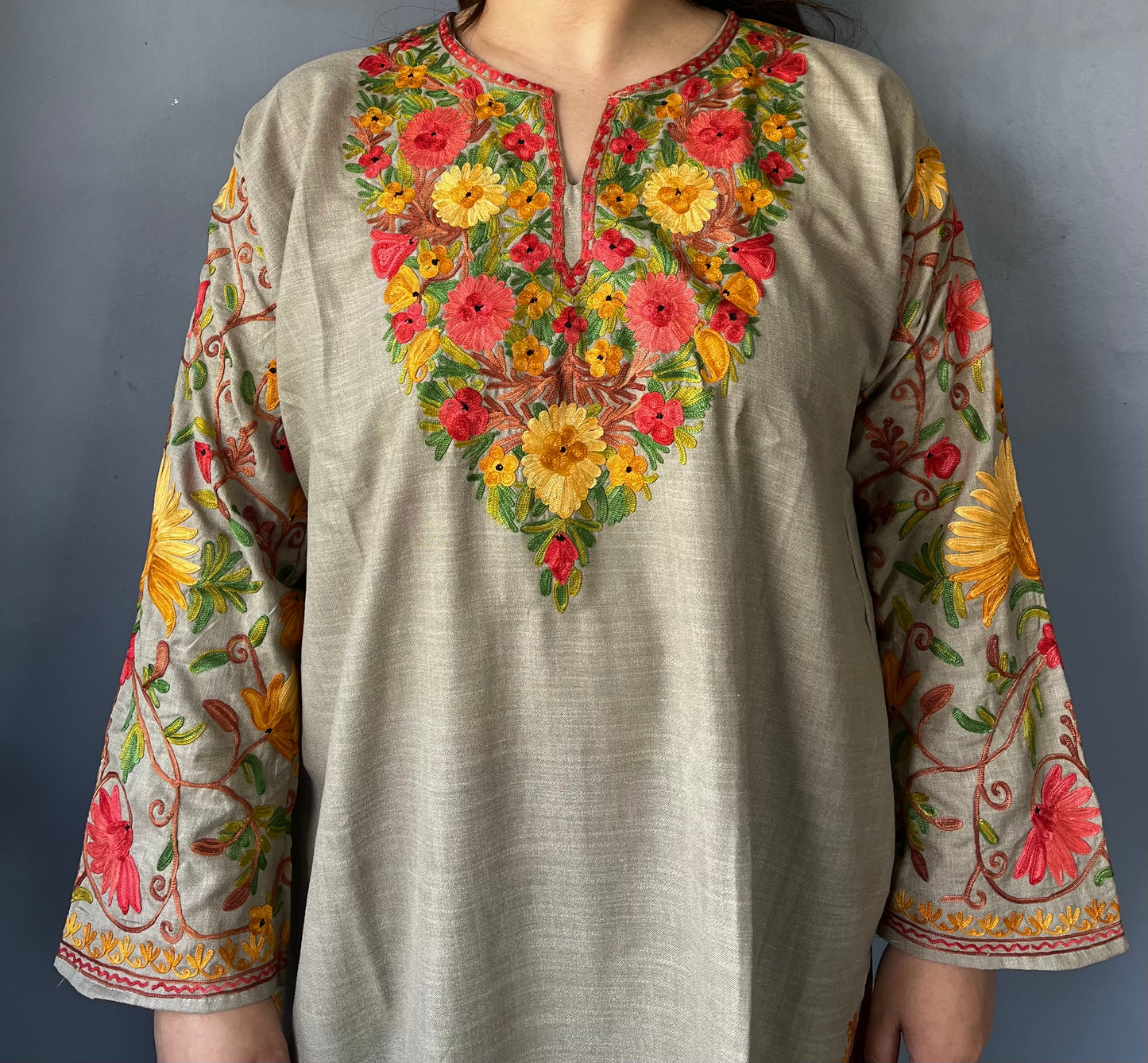 Sonzal Kurti | Pashmina Gray With Red And Green Embroidery