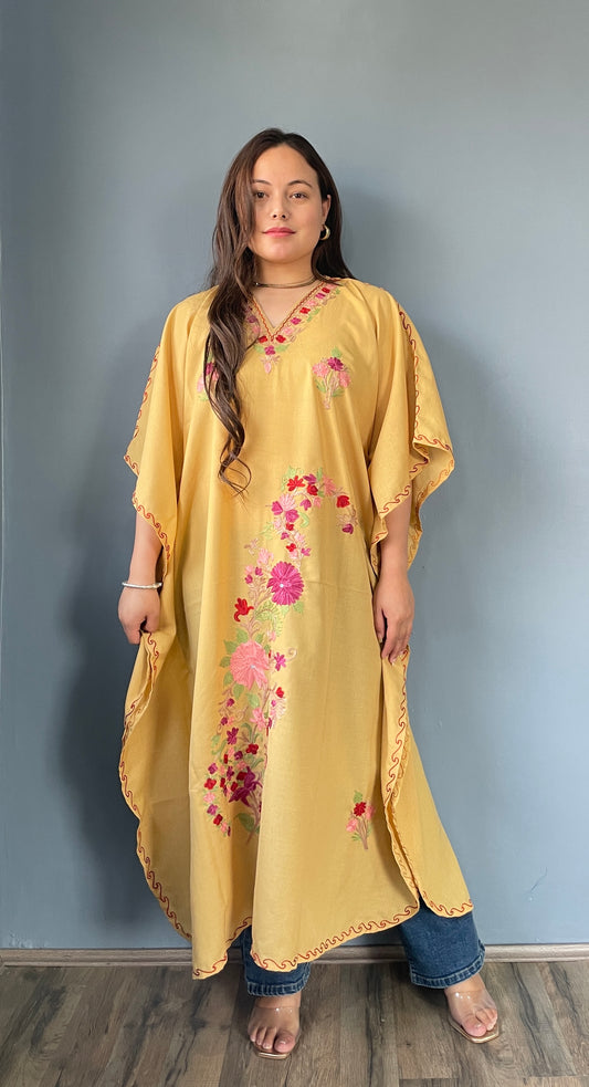 Aari Embroidered Cotton Kaftan | Tan Brown With Pink Embroidery