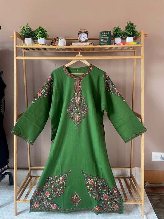 Sozni Embroidered Pheran | Neck & Border | Olive green