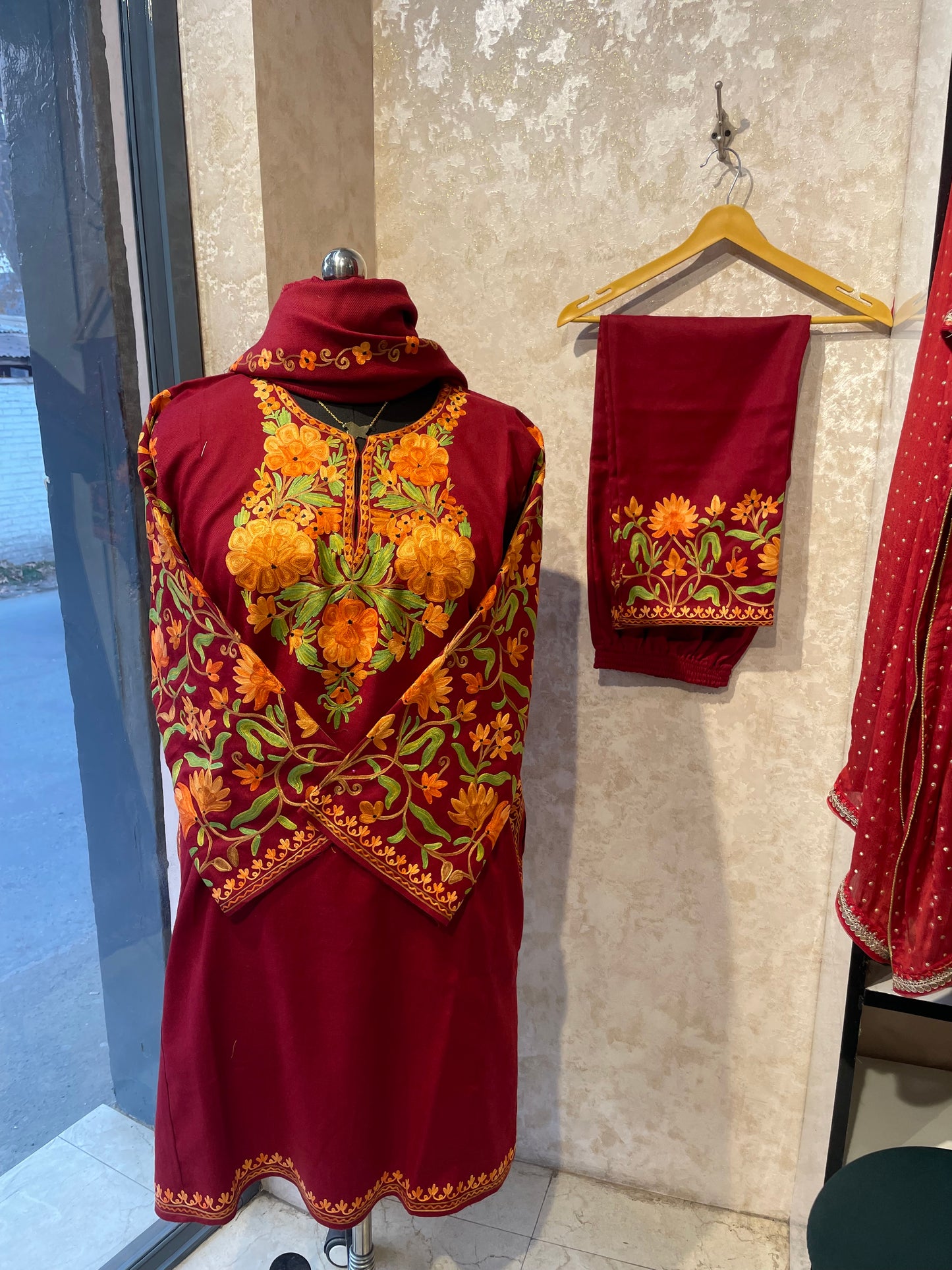 Aari Embroidered Pheran Suit  | Red