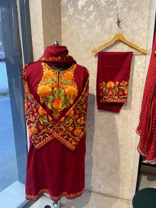 Aari Embroidered Pheran Suit  | Red