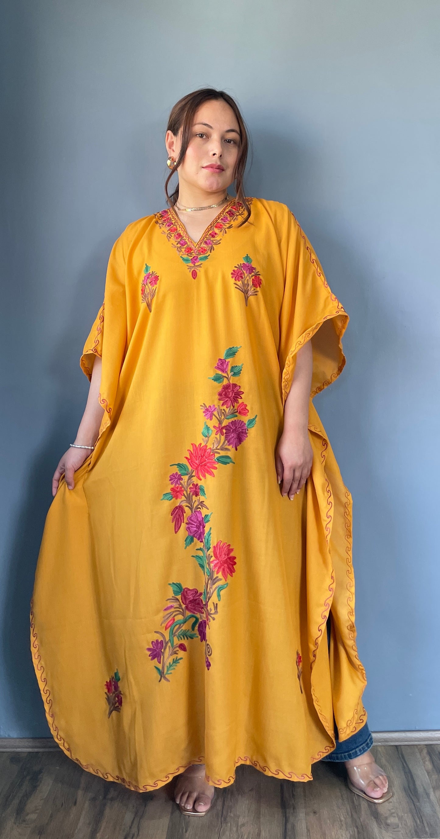 Aari Embroidered Cotton Kaftan | Mustard Yellow With Red And Purple Embroidery