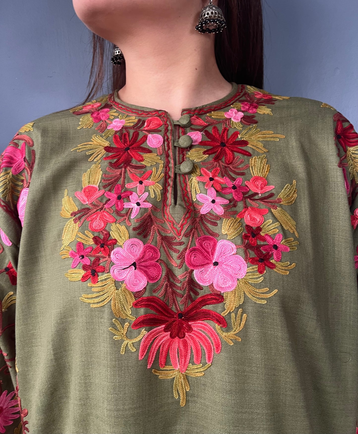 Bahaar Kurta Set | Olive Green With Pink Embroidery