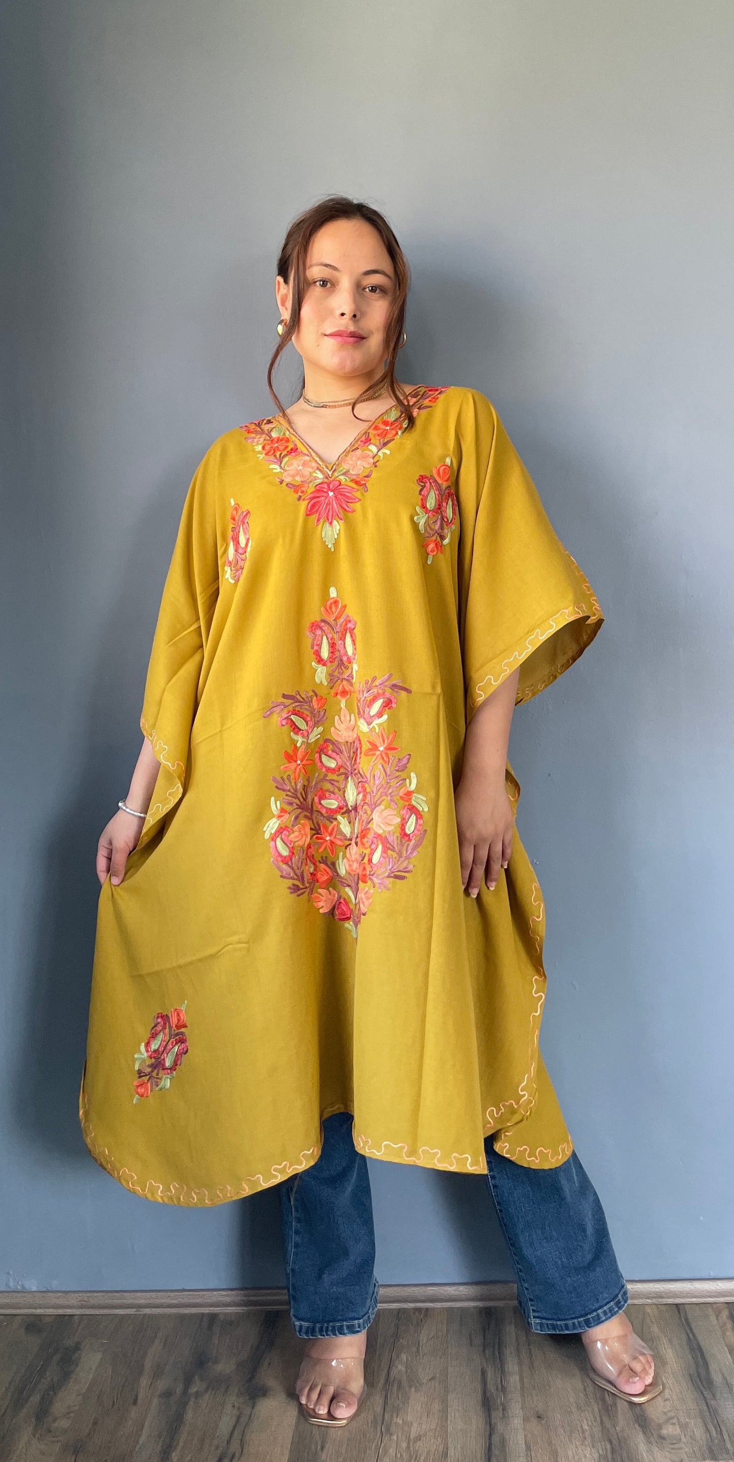 Aari Embroidered Cotton Kaftan | Saffron With Red And Brown Embroidery