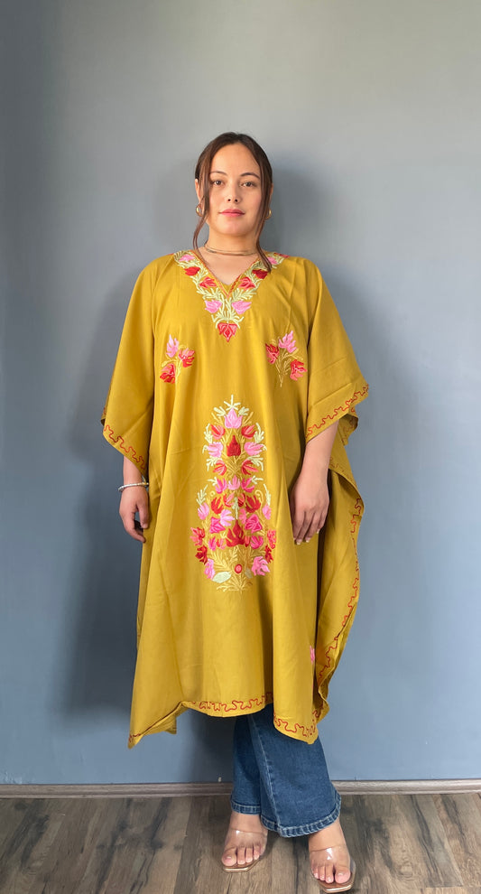 Aari Embroidered Cotton Kaftan | Saffron With Red And Pink Embroidery