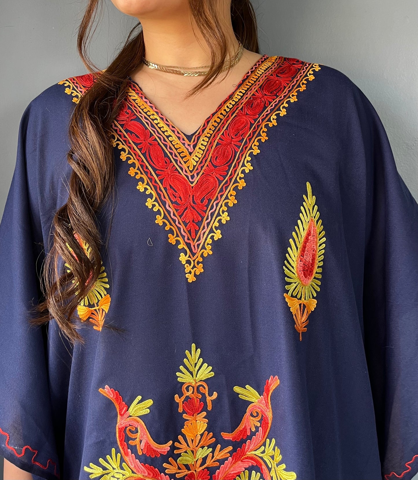 Aari Embroidered Cotton Kaftan | Navy Blue With Red and Green Embroidery