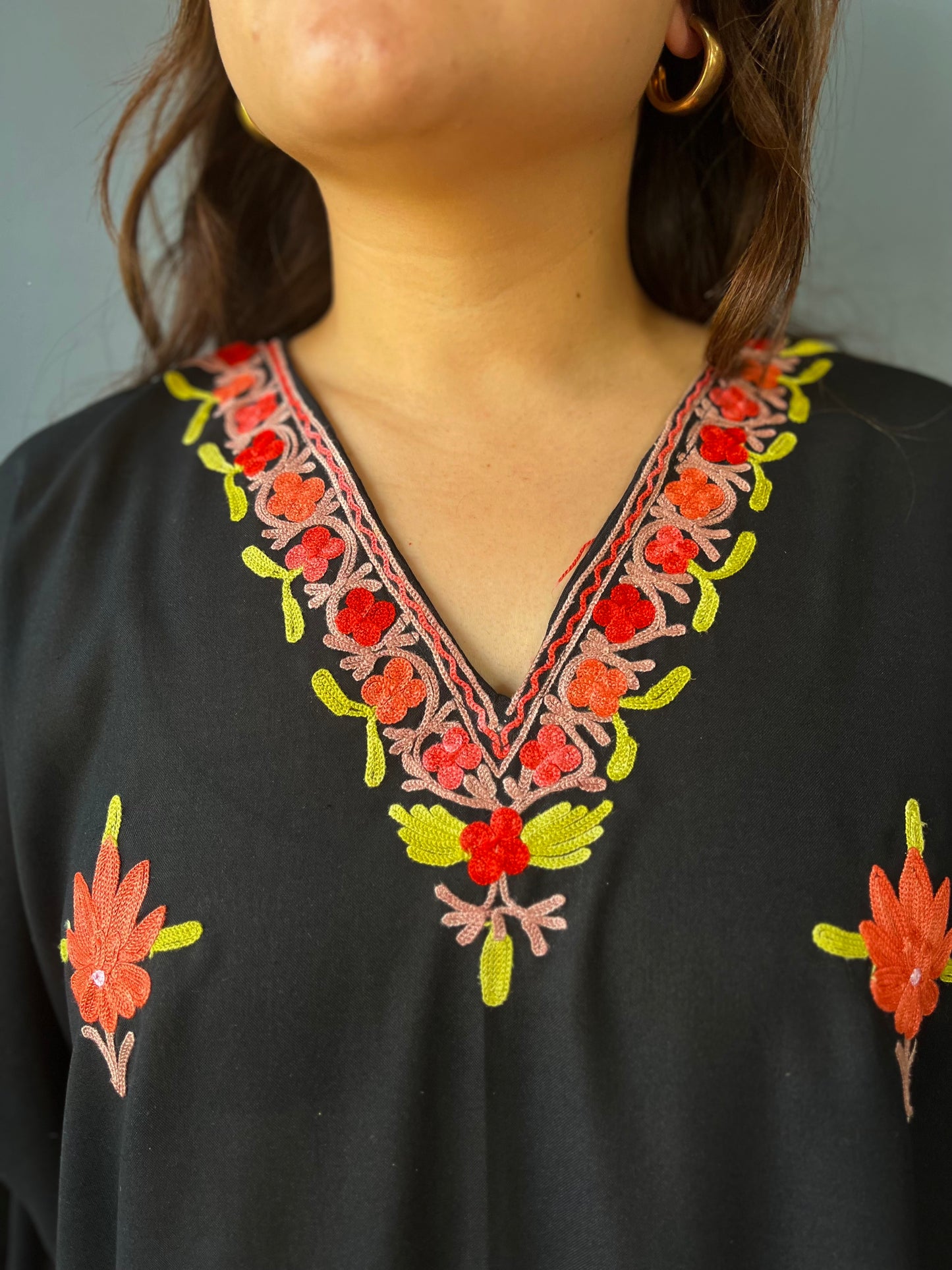 Aari Embroidered Cotton Kaftan | Black With Green And Red Embroidery