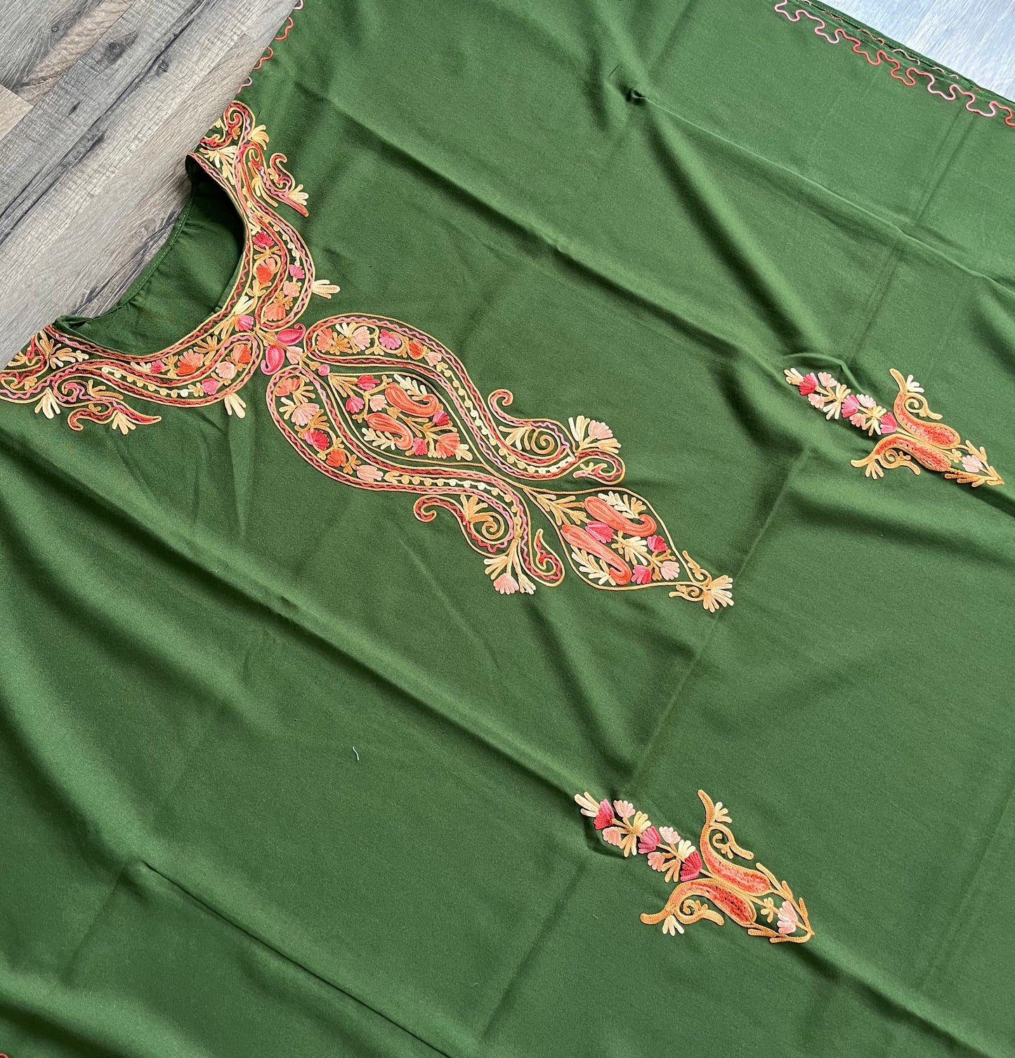 Aari Embroidered Cotton Kaftan | Olive Green With Orange Embroidery