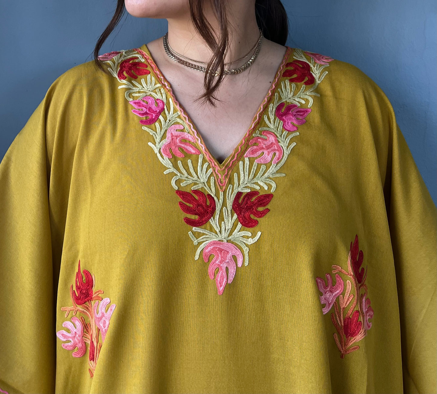 Aari Embroidered Cotton Kaftan | Saffron With Red Embroidery