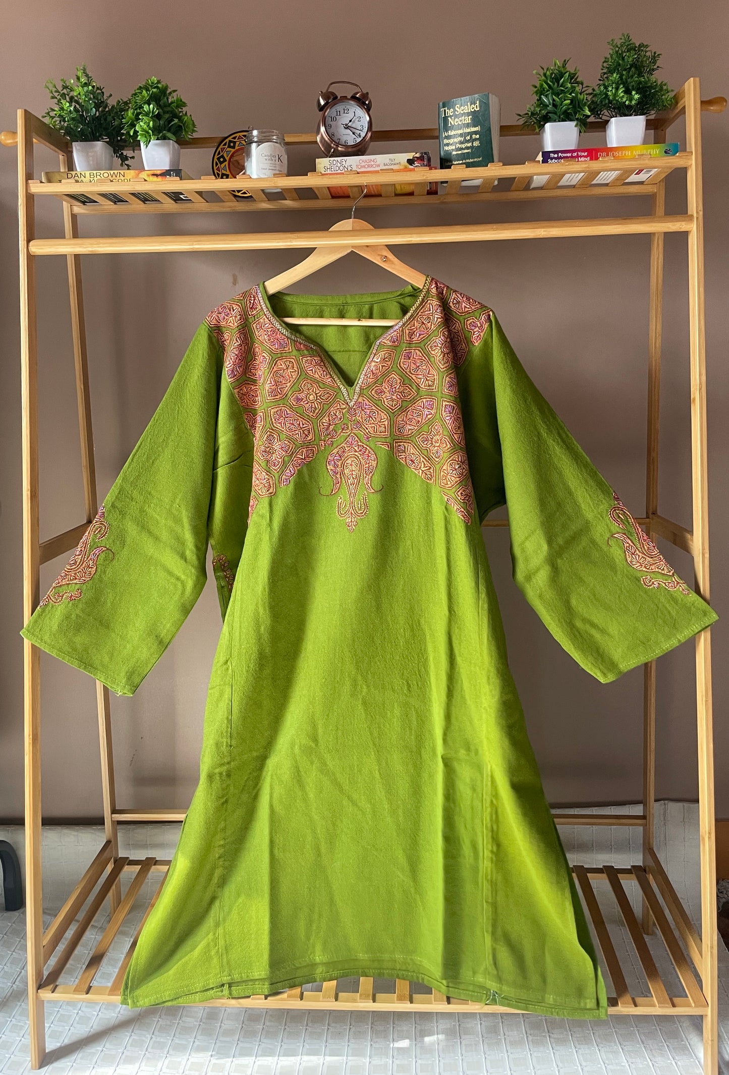 Sozni Embroidered Pheran | Neck & Sleeve | Parrot Green