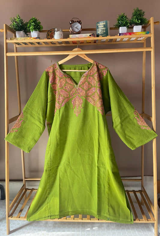 Sozni Embroidered Pheran | Neck & Sleeve | Parrot Green