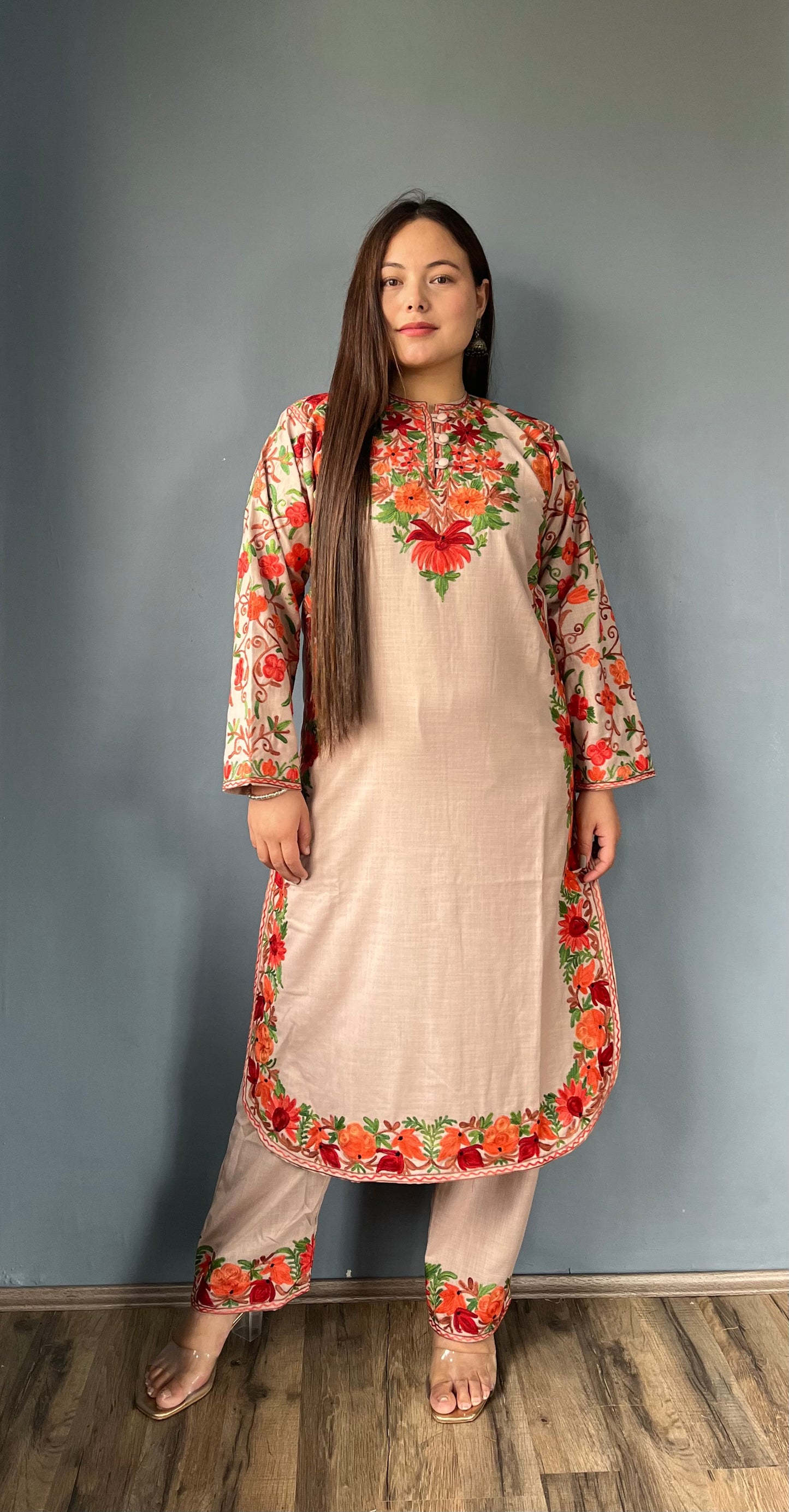 Bahaar Kurta Set | Almond Beige With Green Embroidery