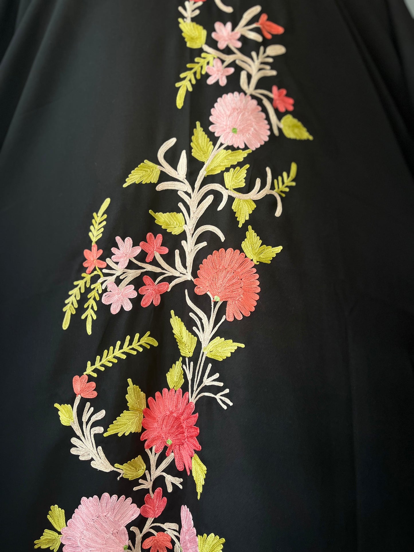 Aari Embroidered Cotton Kaftan | Black With Pink And Green Embroidery