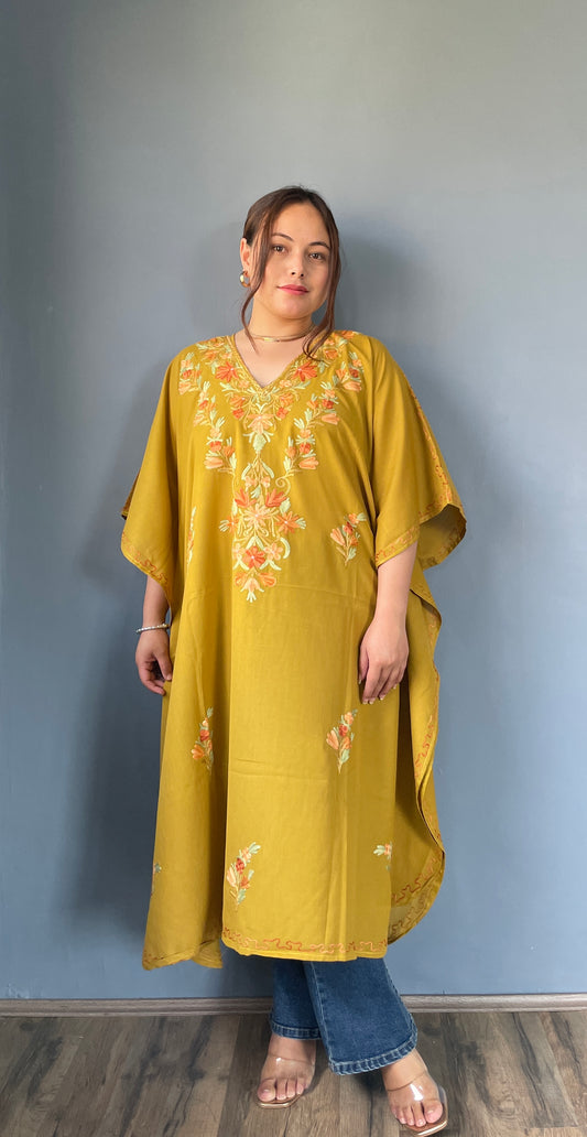 Aari Embroidered Cotton Kaftan | Saffron With Rust And Green Embroidery