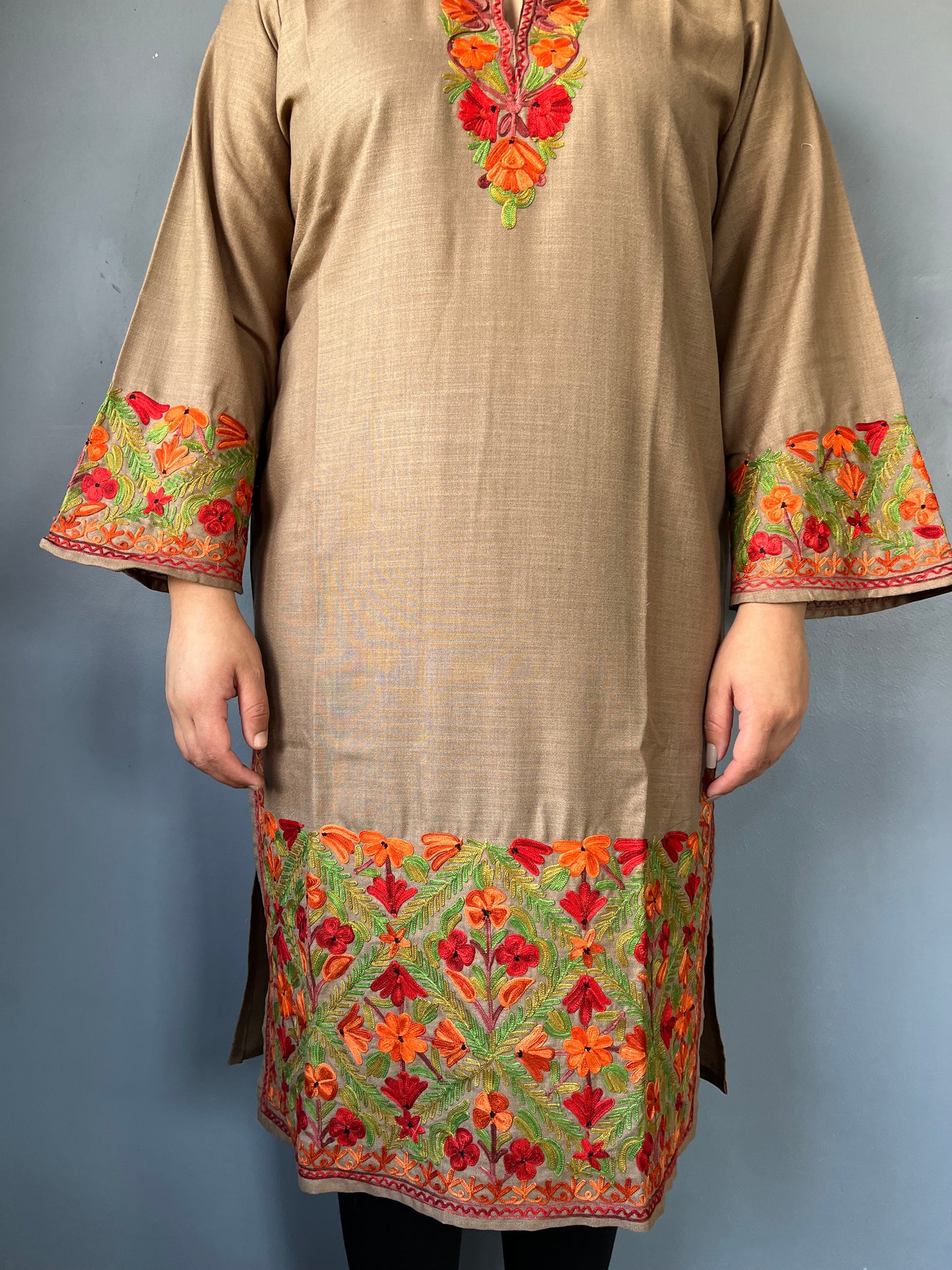 Sonzal Kurti | Pashmina Brown With Green Embroidery