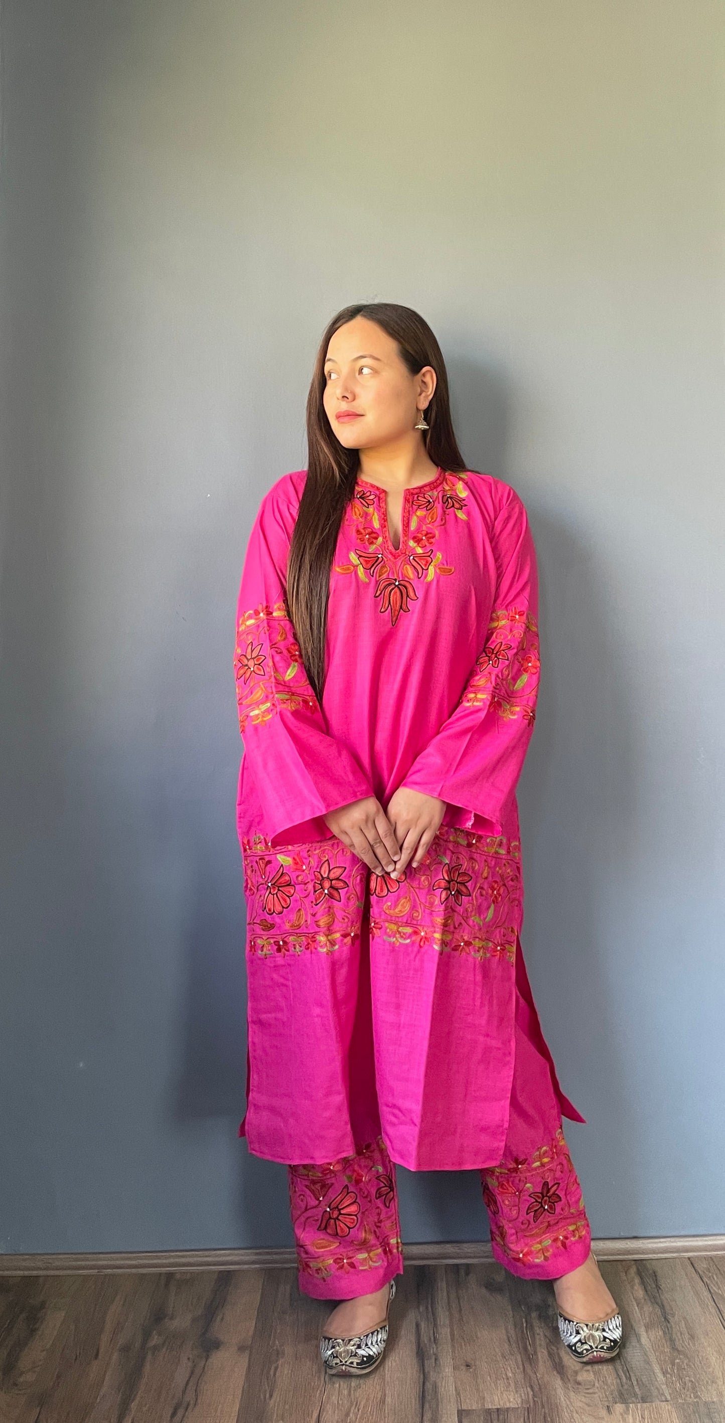 Coord | Pink | Green and Red Aari Embroidered