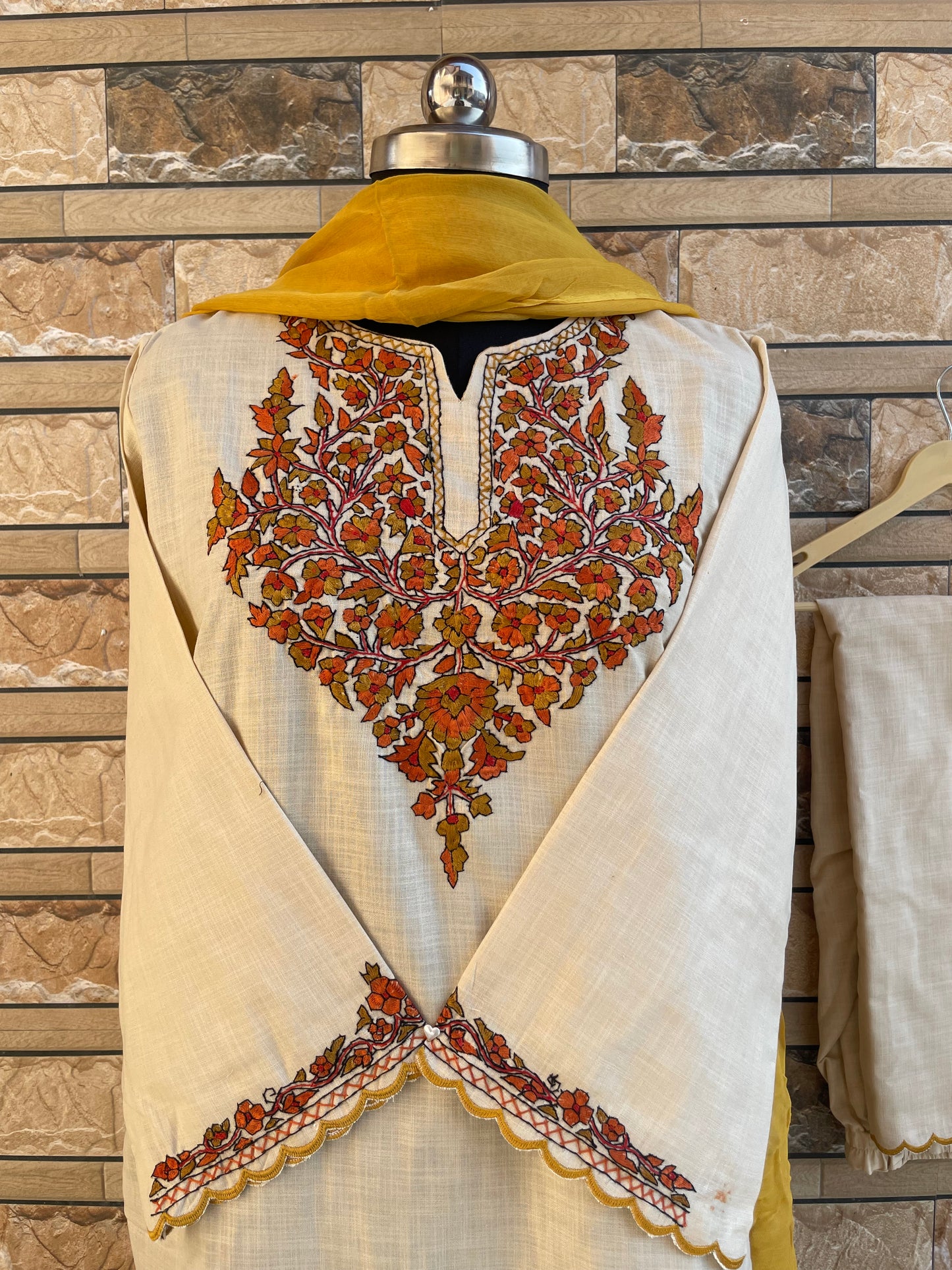 Sozni Embroidered Suit | Beige (Mustard Embroidery)