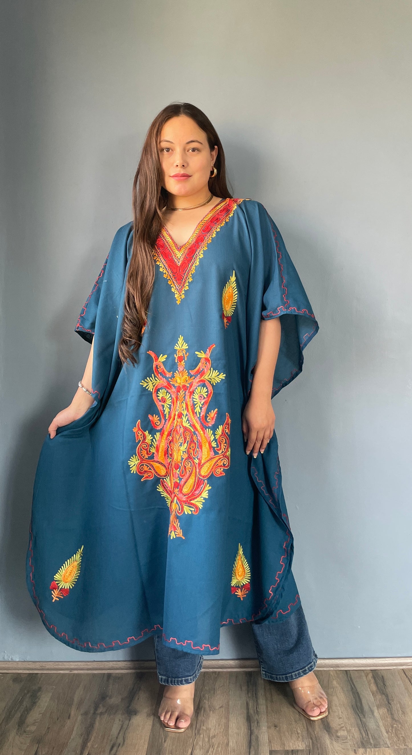 Aari Embroidered Cotton Kaftan | Teal Blue With Red and Golden Embroidery