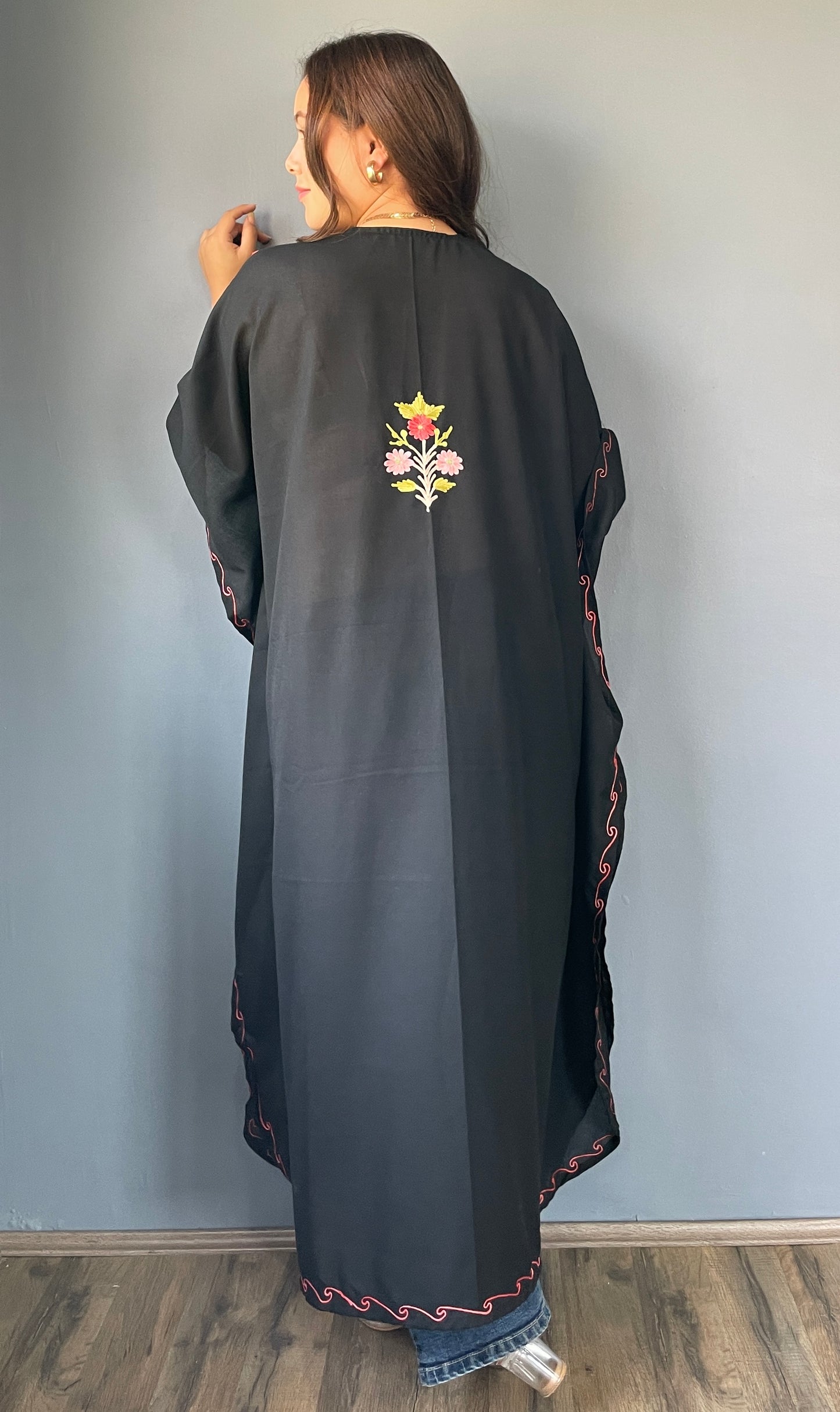 Aari Embroidered Cotton Kaftan | Black With Pink And Green Embroidery