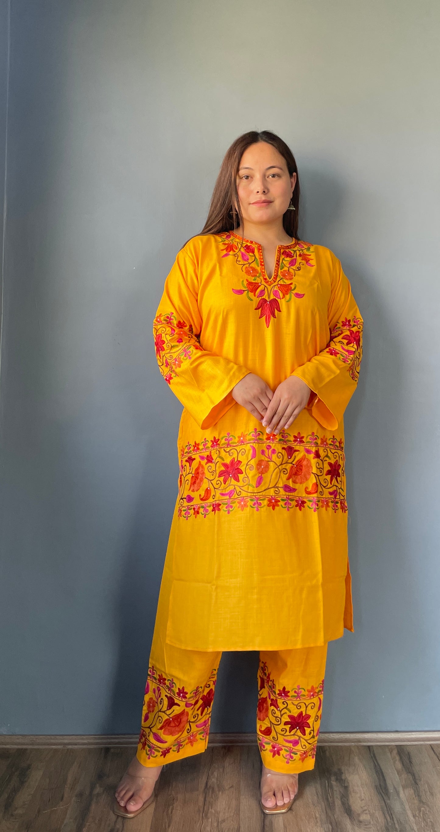 Coord | Bright Yellow | Orange And Pink Aari Embroidered