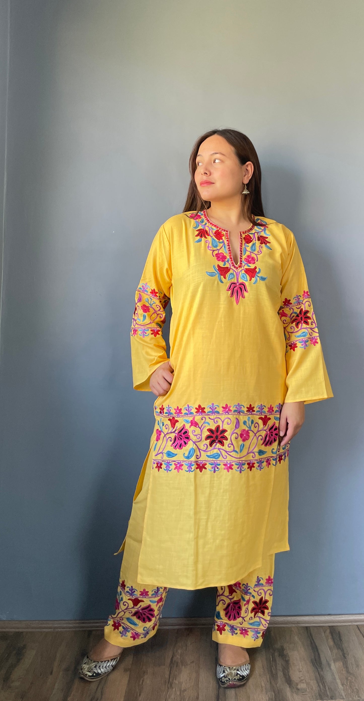 Coord | Daisy Yellow | Blue And Red Aari Embroidered