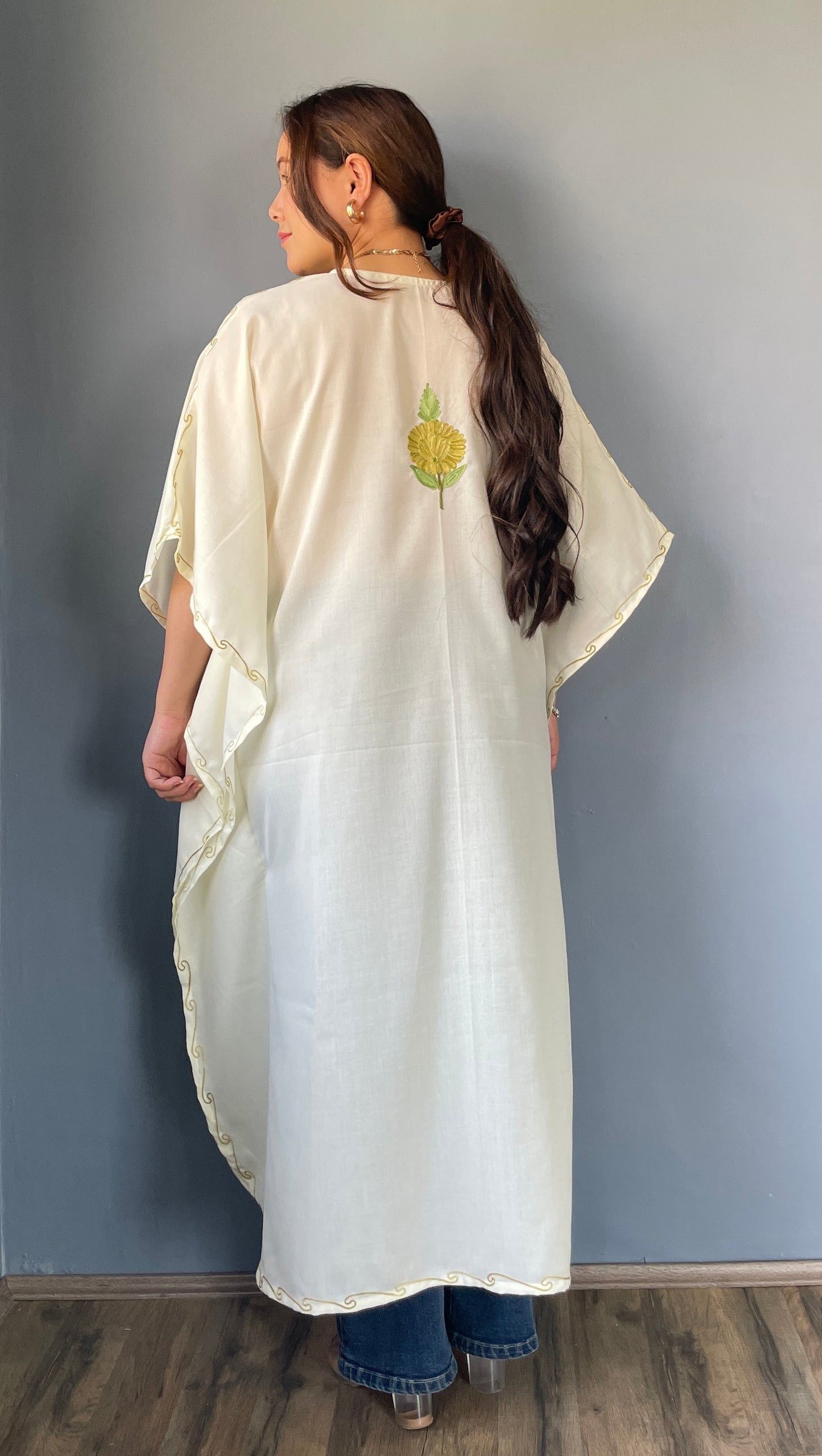 Aari Embroidered Cotton Kaftan | White With Green , Mint Green and Olive Green Embroidery