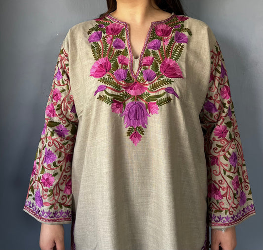 Sonzal Kurti | Pashmina Gray With Purple And Green Embroidery