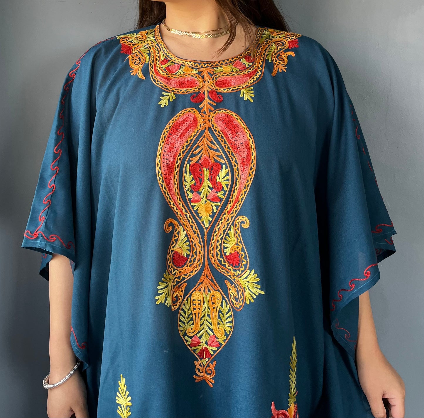 Aari Embroidered Cotton Kaftan | Teal Blue With Red and Green Embroidery