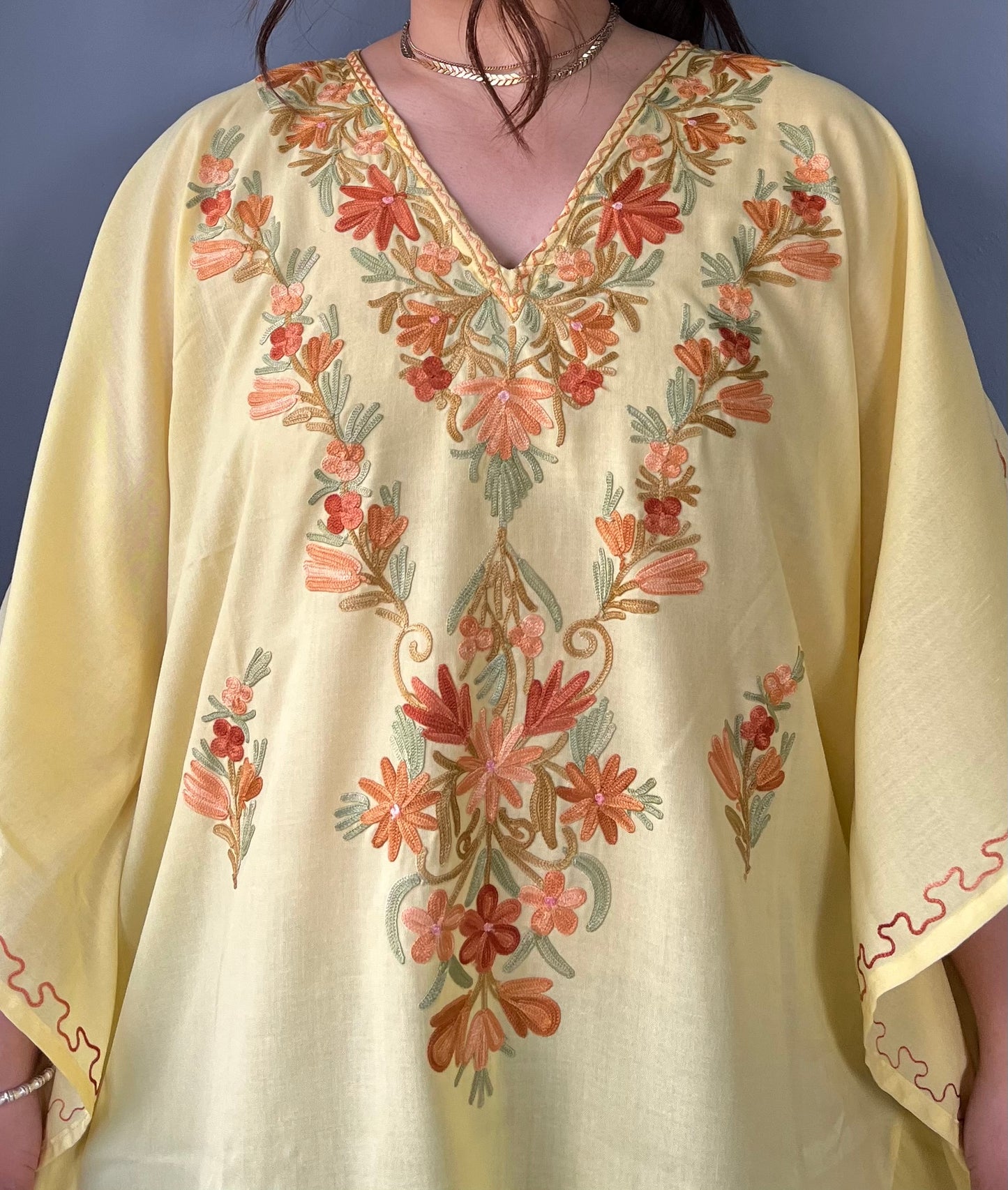 Aari Embroidered Cotton Kaftan | Pastel Yellow With Golden Embroidery