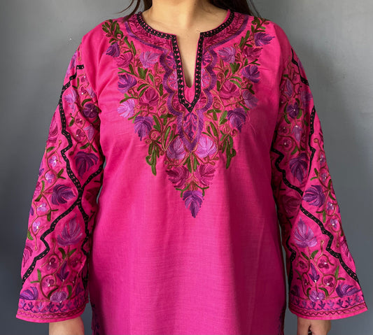 Sonzal Kurti | Bright Pink With Purple Embroidery