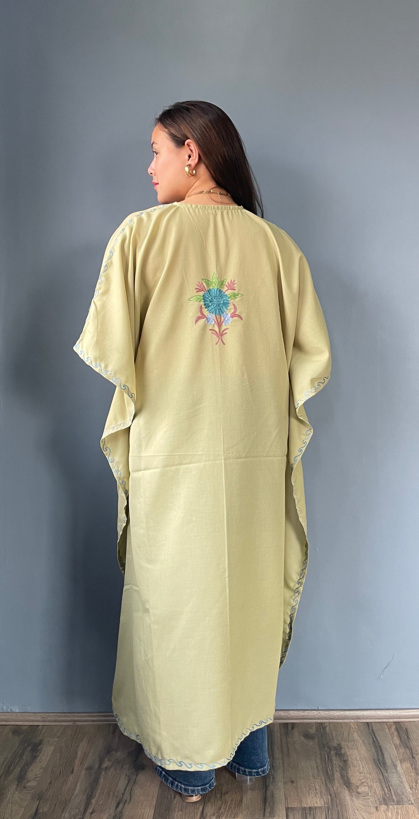 Aari Embroidered Cotton Kaftan | Mint Green With Brown And Blue Embroidery