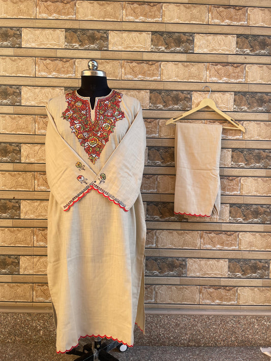 Sozni Embroidered Suit | Beige (Maroon Embroidery)