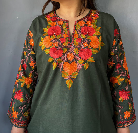 Sonzal Kurti | Olive Green With Red And Green Embroidery