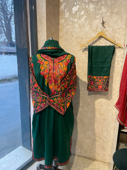 Aari Embroidered Pheran Suit  | Bottle Green