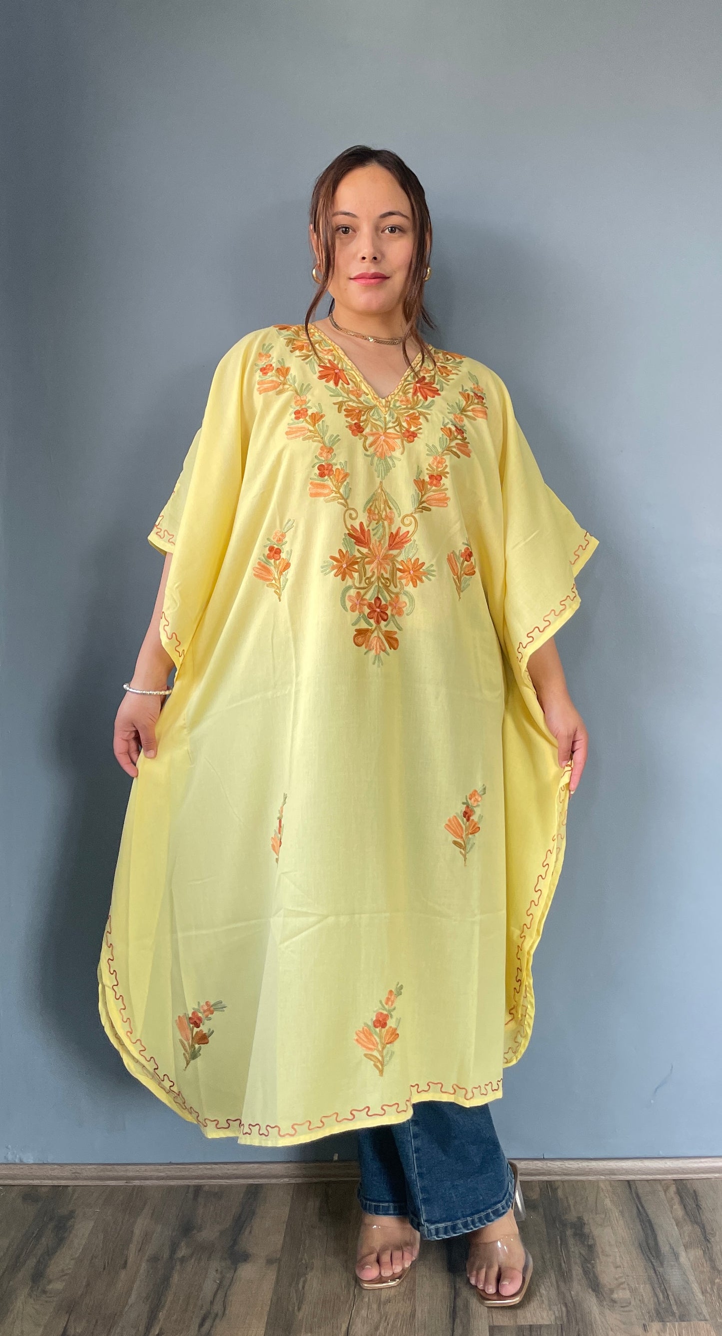 Aari Embroidered Cotton Kaftan | Pastel Yellow With Golden Embroidery