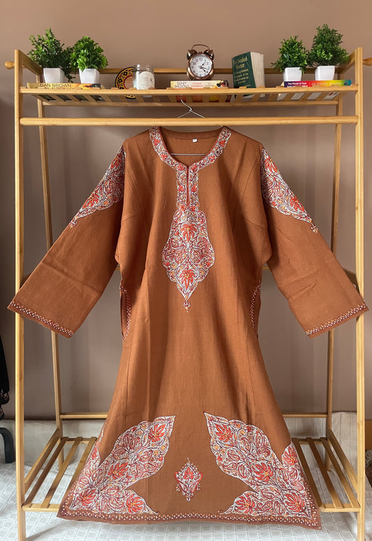 Sozni Embroidered Pheran | Neck & Border | Light Brown