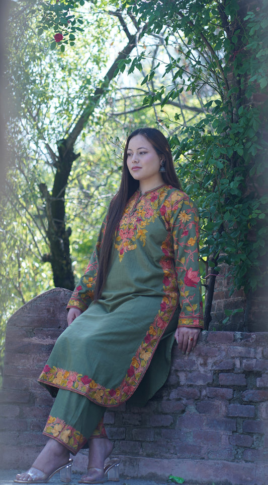 Bahaar Kurta Set | Olive Green With Golden Embroidery