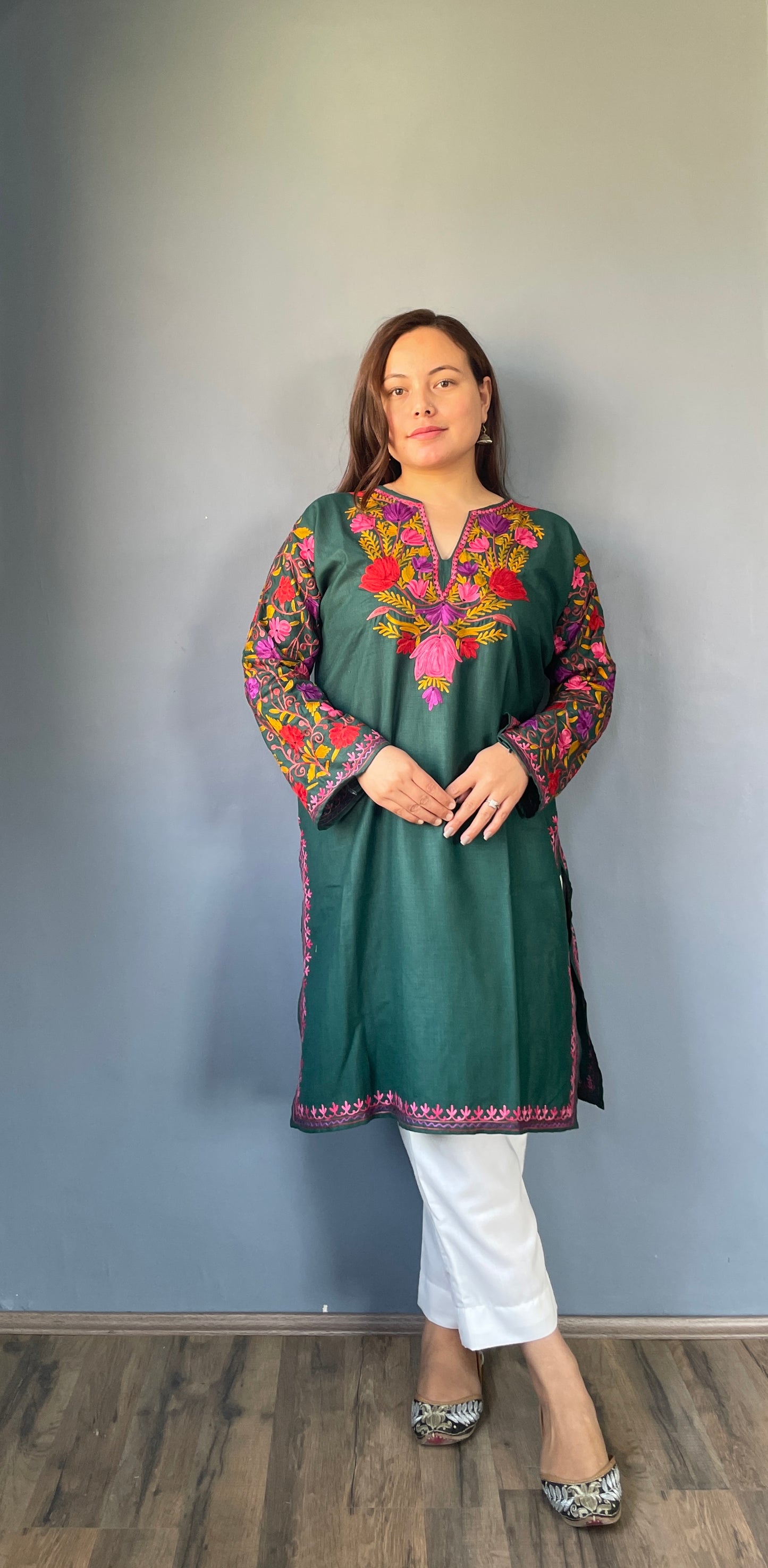 Sonzal Kurti | Bottle Green With Red and Purple Embroidery