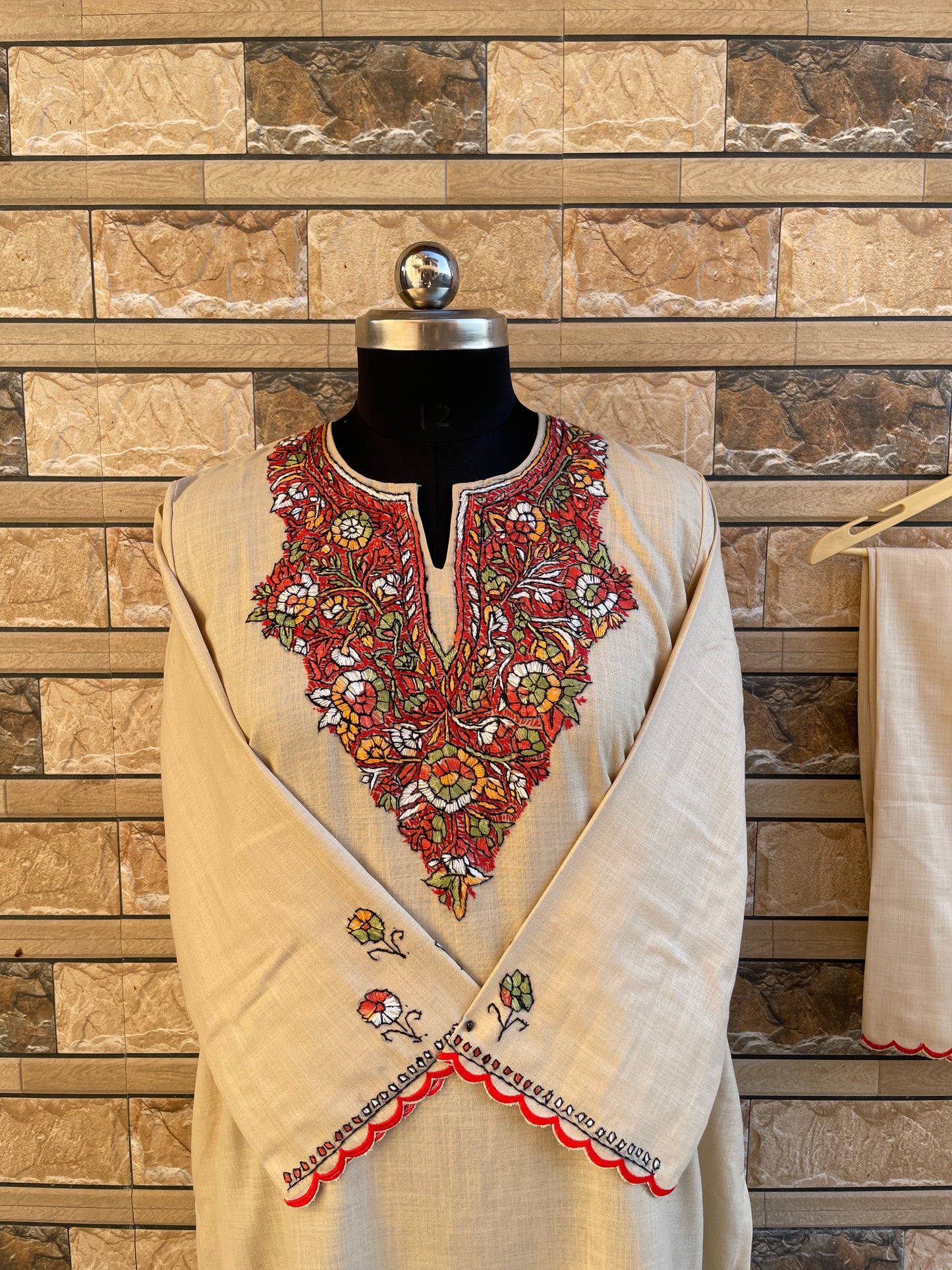 Sozni Embroidered Suit | Beige (Maroon Embroidery)