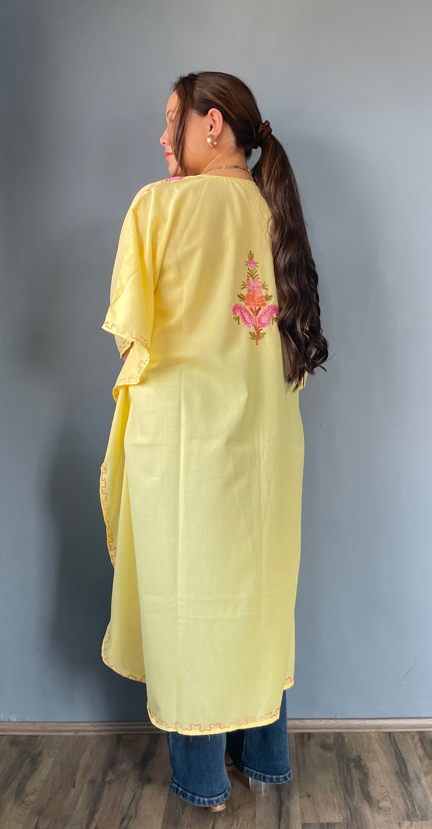 Aari Embroidered Cotton Kaftan | Pastel Yellow With Pink Embroidery